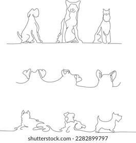 Dogs in continuous line art drawing style. Black and white illustrations for tattoo design. Minimalist black linear sketch isolated on white background. Vector one line illustration