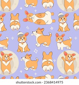 Hunde Corgi Muster im Cartoon-Stil. Hunde in verschiedenen Posen für Dekoration, Druck, Design, Aufkleber, Plakate. Vektorgrafik EPS10.