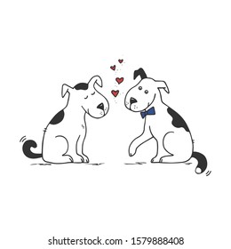 Dogs couple in love. Two cute loving dogs with red hearts. Idea for Valentine's day greeting card. Vector Doodle illustration. 