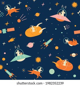 Dogs and cows in space sci fi seamless pattern for kids in vector. Stars, spaceships, cosmonauts, asteroids and stars illustration.