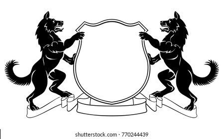 Dogs crest coat of arms heraldic shield with dog on each side flanking rampant on hind legs