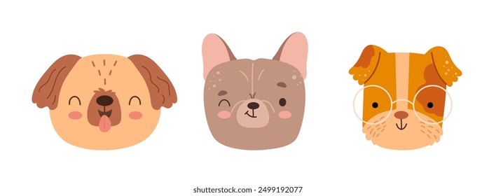 Perros lindos emociones conjunto. Vector aislado juguetón y divertido, sonriente y travieso cachorros peludos. Cara de emoji de dibujos animados de cachorros. Personajes de animales y mascotas kawaii. Emoticonos de animales salvajes colección