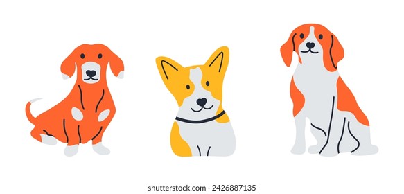 Dogs. Cute funny happy purebred pets. Sitting and standing animal, playful mammals. Adorable puppy. Doodle style, simple drawing. Dachshund and corgi. Cartoon flat style isolated vector illustration