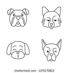 Dogs cute kawaii linear characters. Thin line icon set. Kissing Maltese. Smirking German Spitz. Winking Doberman. Animals with smiling muzzles. Vector isolated outline illustration. Editable stroke