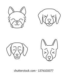 Dogs cute kawaii linear characters. Thin line icon set. Happy Yorkshire Terrier. Dachshund with smiling eyes. Animals with smiling muzzles. Vector isolated outline illustration. Editable stroke