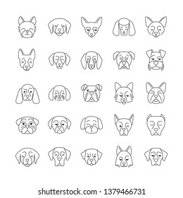 Dogs cute kawaii linear characters. Thin line icon set. Animals with smiling muzzles. Smirking Mini Schnauzer. Kissing Maltese. Winking Doberman. Vector isolated outline illustration. Editable stroke