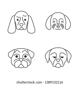 Dogs cute kawaii linear characters. Thin line icon set. Flushed pug. Laughing Shih Tzu. Unamused Rottweiler. Animals with sad muzzles. Vector isolated outline illustration. Editable stroke
