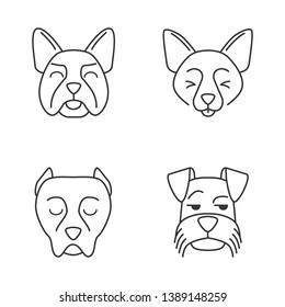 Dogs cute kawaii linear characters. Thin line icon set. Smirking Mini Schnauzer. Laughing Border Collie, French Bulldog. Animals with sad muzzles. Vector isolated outline illustration. Editable stroke