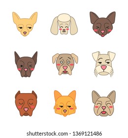 Dogs cute kawaii vector characters. Animals with smiling muzzles. Laughing Border Collie and French Bulldog. Winking Doberman. Funny emoji, emoticon set. Isolated cartoon color illustration