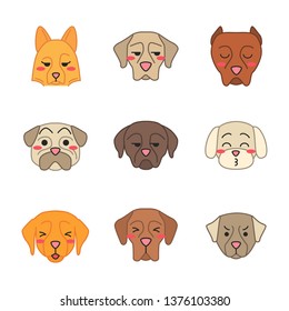 Dogs cute kawaii vector characters. Animals with sad muzzles. Squinting Golden Retriever, Great Dane. Angry Bernese Dog. Kissing Maltese. Funny emoji, emoticon set. Isolated cartoon color illustration
