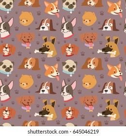 Dogs cute pets heads avatar face seamless pattern background vector
