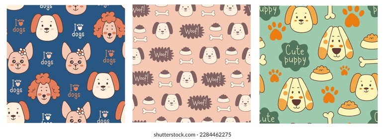 Dogs cute seamless pattern. Funny cartoon doggy endless backgrounds collection. Pets seamless patterns set with hand drawn animals