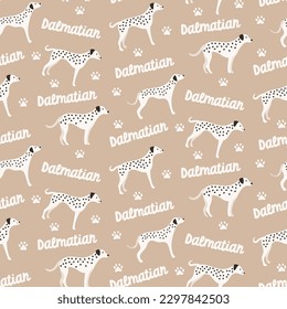 Dogs dalmatian dog seamless repeat pattern. natural. gender neutral. earth tones. beige, brown. cute pet puppy.