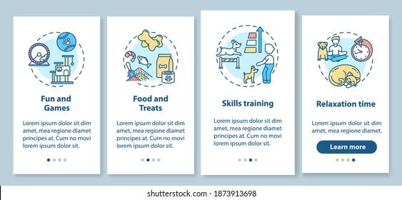 Dogs day camp services onboarding mobile app page screen with concepts. Animal skills upgrading ideas walkthrough 4 steps graphic instructions. UI vector template with RGB color illustrations