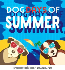 Dogs days of Summer Time for adventure. Cute comic cartoon. Colorful humor retro style. Dogs in sunglass enjoy beach fun swimming pool. Summertime vacation journey. Vector banner background template