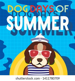 Dogs days of Summer Time for adventure. Cute colorful cartoon. Hand drawn comic Dog in sunglass, sailor hat enjoy beach fun swimming pool. Summertime vacation journey vector banner background template