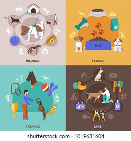 Dogs design concept with four square compositions of pet and human characters toys awards and veterinary vector illustration