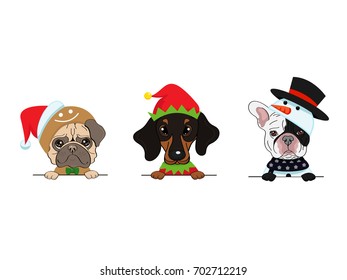 Dogs of different breeds in Christmas costumes hold a banner