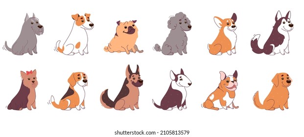 Dogs of different breeds collection. Husky, Labrador, Bull Terrier, Welsh Corgi, Poodle, Pug, Bulldog, German Shepherd, Jack Russell Terrier, Schnauzer and Yorkshire Terrier. Vector set in flat style.