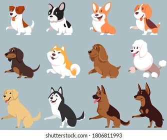 Dogs of different breeds giving paw. Big set of cute pets.