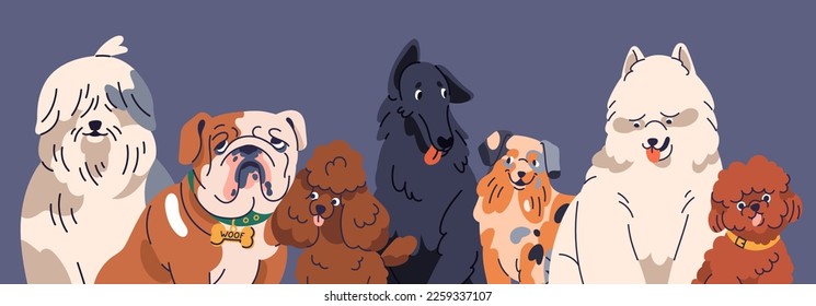 Dogs of different breeds, group portrait. Happy cute doggies, puppies together. Purebred canine animals, English Bulldog, Poodle, Bobtail, Samoyed, diverse pedigrees. Flat vector illustration