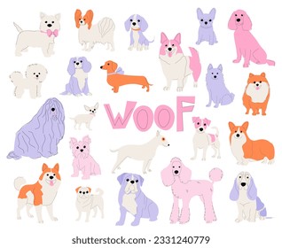 Dogs of different breeds isolated on white background set. Vector abstract pets illustration.