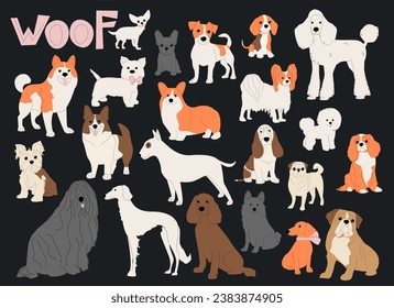 Dogs of different breeds isolated on dark background set. Pets vector illustration.