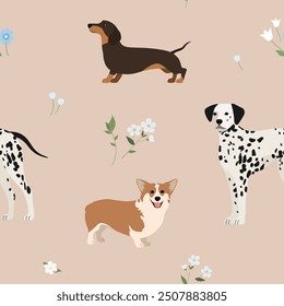 Dogs of different breeds on a background with flowers. Seamless pattern with dachshund, shepherd and dalmatian.