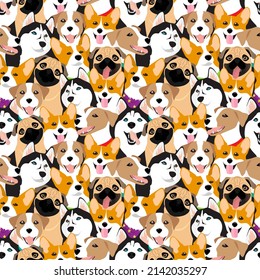 Perros de diferentes razas sobre un fondo oscuro. Husky, Jack Russell Terrier, Pug, Corgi. Patrón transparente multicolor, ilustración vectorial