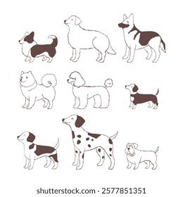 Dogs of different breeds. Set of hand-drawn puppies