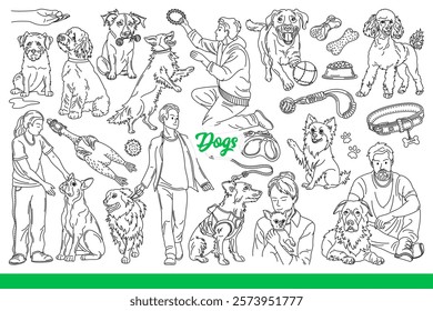 Dogs of different breeds with toys for fun walks and energetic spending time. Stick and rope for dogs and puppies walking together with owners in park in warm summer weather. Hand drawn.