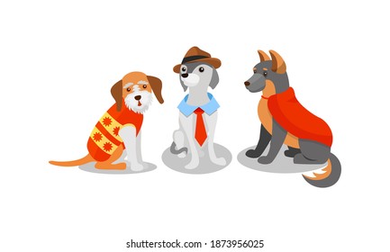 Dogs of Different Breeds Wearing Clothing Item Vector Set