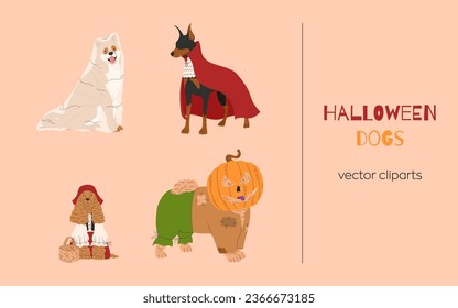 Dogs in different Halloween costume  Ghost  vampire  little girl   scarecrow  Happy Halloween vector illustration  Ideal for holiday cards  decorations  invitations   stickers