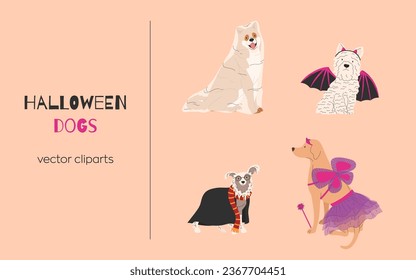 Dogs in different Halloween costume  Ghost  bat  fairy   student  Happy Halloween vector illustration  Ideal for holiday cards  decorations  invitations   stickers