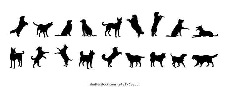 Dogs with different poses vector silhouettes collection.	