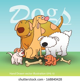 Dogs in different positions and actions - hand drawn - Vector illustration on color background.