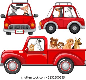 Dogs in different red cars set  illustration