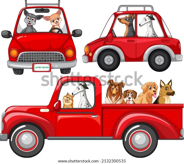 Dogs in different\
red cars set \
illustration