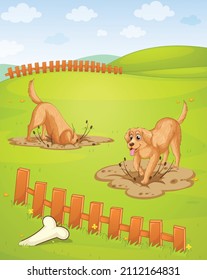 Dogs digging holes in the ground illustration