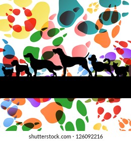 Dogs and dog footprints silhouettes colorful illustration background vector