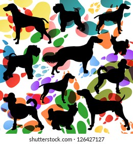 Dogs and dog footprints silhouettes colorful illustration collection background vector