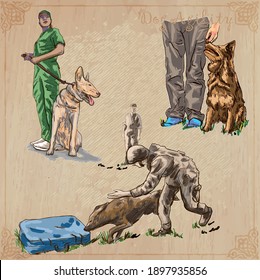 Dogs - Dog Training. Collection of an hand drawn vector illustrations. Freehand, line art sketching.