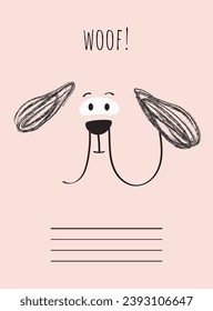 Dogs doodle postcard concept. Minimalistic creativity and art. Linear puppy. Typography and calligraphy. Graphic element for website. Cartoon flat vector illustration isolated on pink background