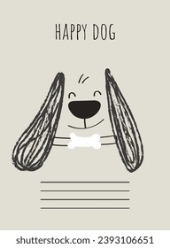 Dogs doodle postcard concept. Minimalistic creativity and art. Linear puppy. Typography and calligraphy. Poster or banner. Cartoon flat vector illustration isolated on grey background