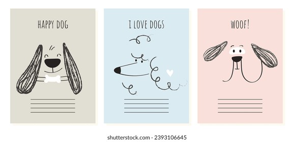 Dogs doodle postcards set. Minimalistic creativity and art. Linear puppies. Typography and calligraphy. Positive and optimism. Cartoon flat vector collection isolated on white background