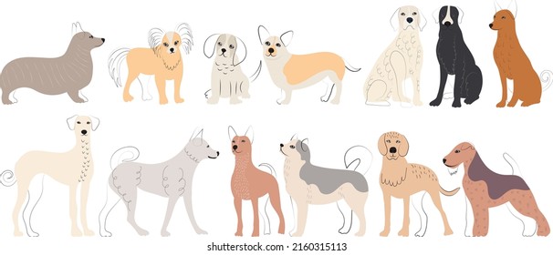 dogs doodle set, cartoon cute dog, isolated, isolated, vector