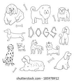 Dogs. Doodle set in vector isolated on a white background.