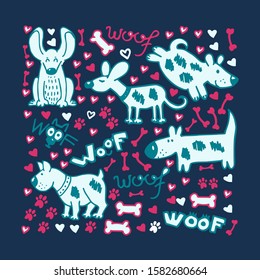 Dogs doodle style set. Pink and blue colors. Funny cute pets, animals isolated on dark blue. Childish (baby boys) doggy collection. For textile or paper print. Design elements - Bone, heart, woof, paw