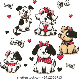 dogs doodle vector set. puppy characters design isolated on white