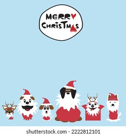 Dogs dressed up like Santa Claus with a beard and red suit. Chihuahua, Bulldog, Beagle, St. Bernard, French Bulldog, and Husky vector illustration. Merry Christmas sign and dogs on a blue background.